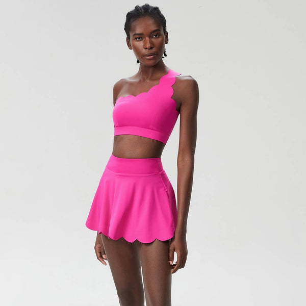 Women Seamless Tennis Set Quick-Dry Bra & Ruffle Hem Skirt: Purple Gray / S