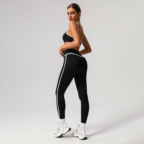 Women Contrast Color Sport Bra with Yoga Leggings 2pcs Set: Black / M