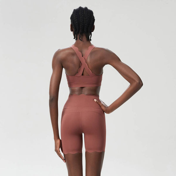 Women Yoga Set: Double Shoulder Bra + Fitness Sports Shorts: Dark Red / M