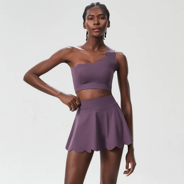 Women Seamless Tennis Set Quick-Dry Bra & Ruffle Hem Skirt: Purple Gray / S