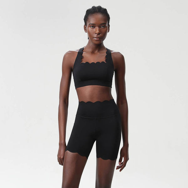 Women Yoga Set: Double Shoulder Bra + Fitness Sports Shorts: Black / L