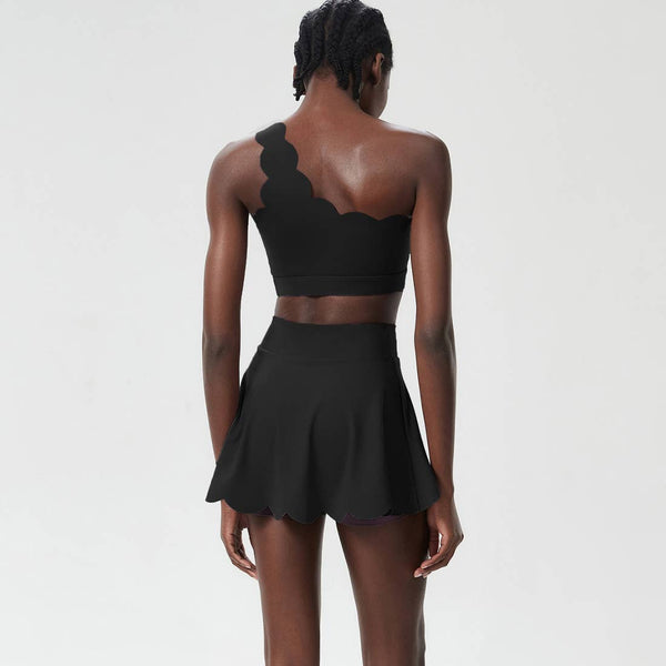 Women Seamless Tennis Set Quick-Dry Bra & Ruffle Hem Skirt: Purple Gray / M