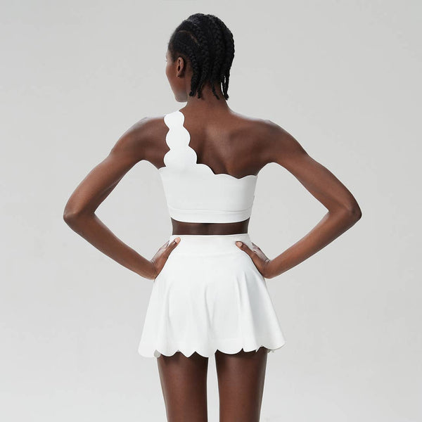 Women Seamless Tennis Set Quick-Dry Bra & Ruffle Hem Skirt: White / S