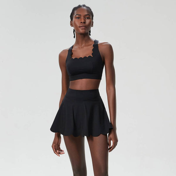 Women Seamless Quick-Dry Set Strappy Bra & A-Line Skirt: Black / L