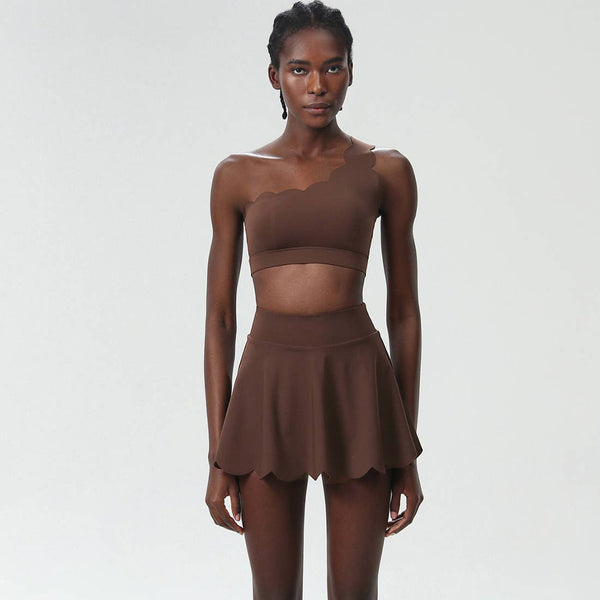 Women Seamless Tennis Set Quick-Dry Bra & Ruffle Hem Skirt: Purple Gray / S