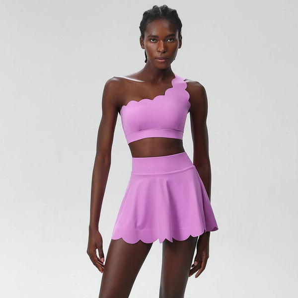 Women Seamless Tennis Set Quick-Dry Bra & Ruffle Hem Skirt: White / L