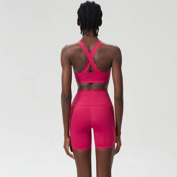 Women Yoga Set: Double Shoulder Bra + Fitness Sports Shorts: Dark Red / L