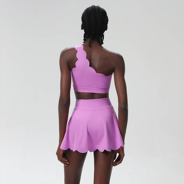 Women Seamless Tennis Set Quick-Dry Bra & Ruffle Hem Skirt: Purple Gray / S