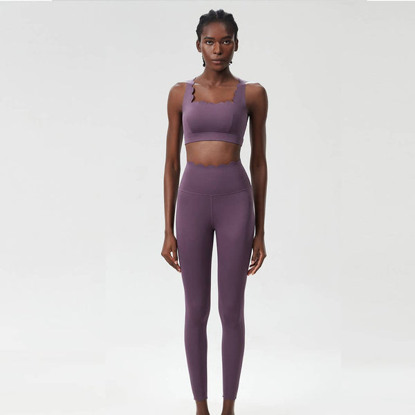 Women Seamless Yoga Set - Removable Cup Bra&Contoured Tights: Purple Gray / L
