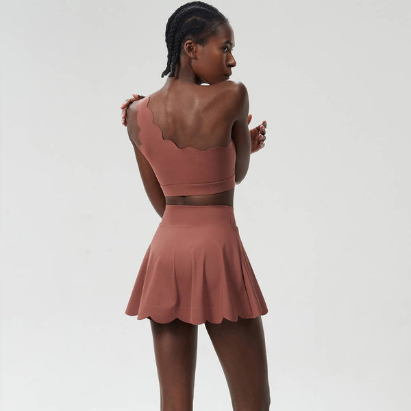 Women Seamless Tennis Set Quick-Dry Bra & Ruffle Hem Skirt: Purple Gray / M