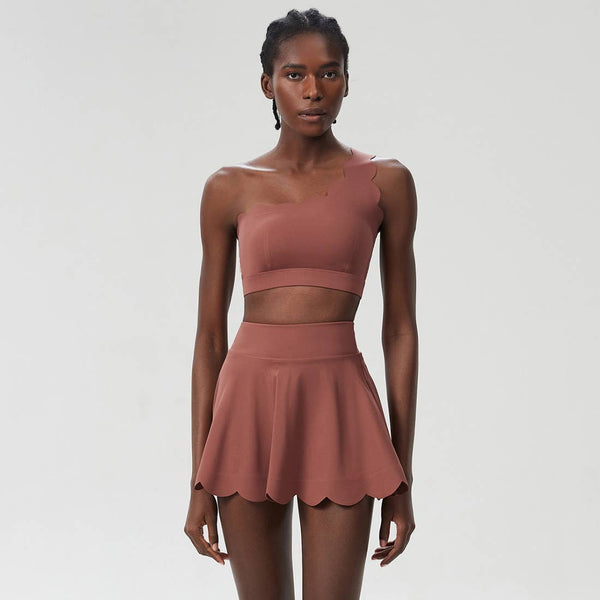 Women Seamless Tennis Set Quick-Dry Bra & Ruffle Hem Skirt: Purple Gray / M