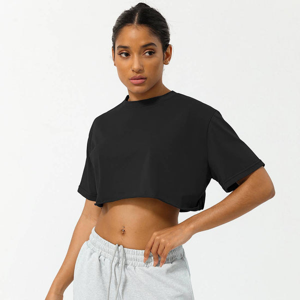 Women Loose Sport Crop Top T-Shirt: Gray / S