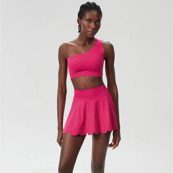 Women Seamless Tennis Set Quick-Dry Bra & Ruffle Hem Skirt: White / M