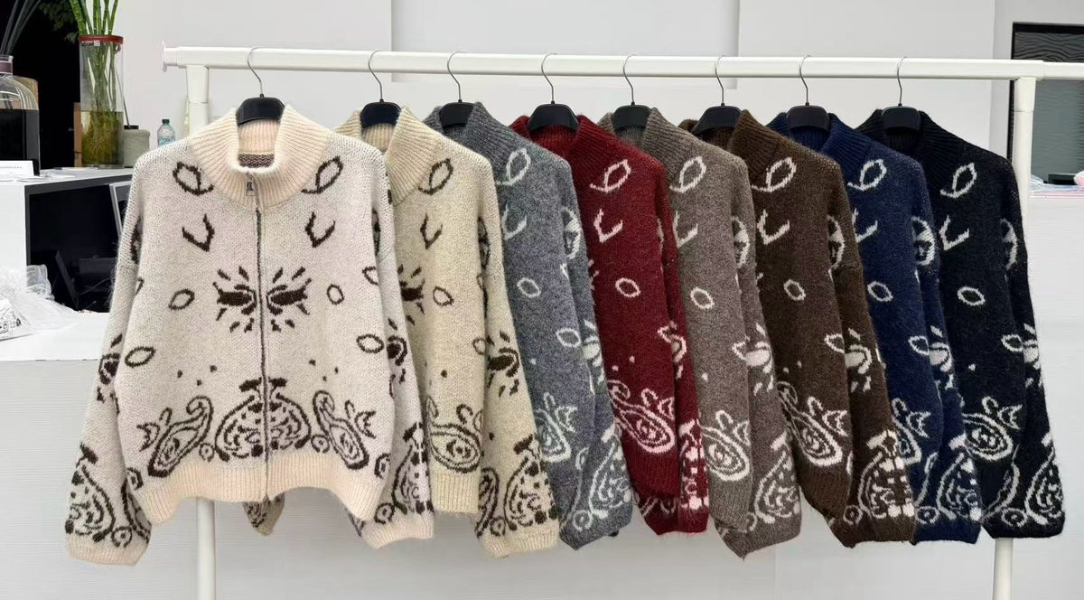 Bandana paisley zip-up knit cardigan colours