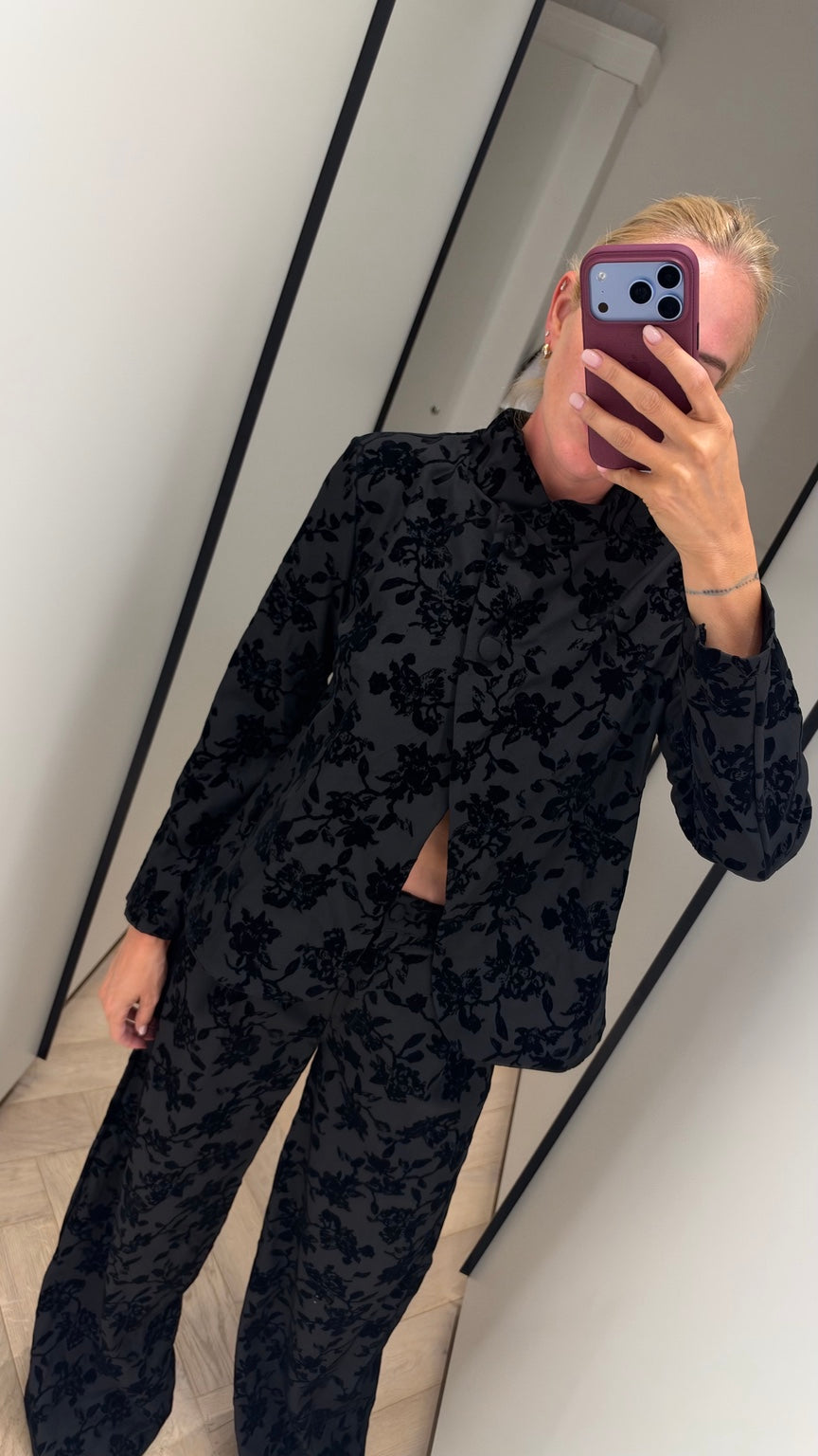 Black flocked floral co-ord set detail