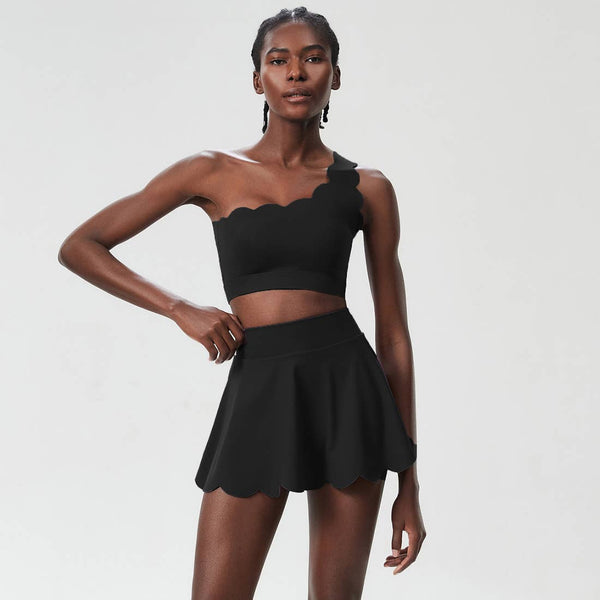 Women Seamless Tennis Set Quick-Dry Bra & Ruffle Hem Skirt: Purple Gray / S