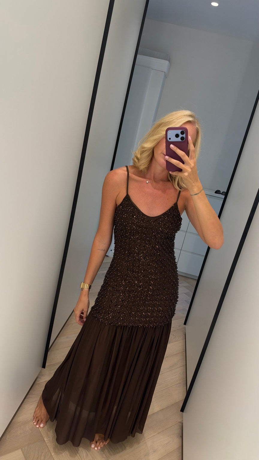Chocolate embellished maxi dress detail