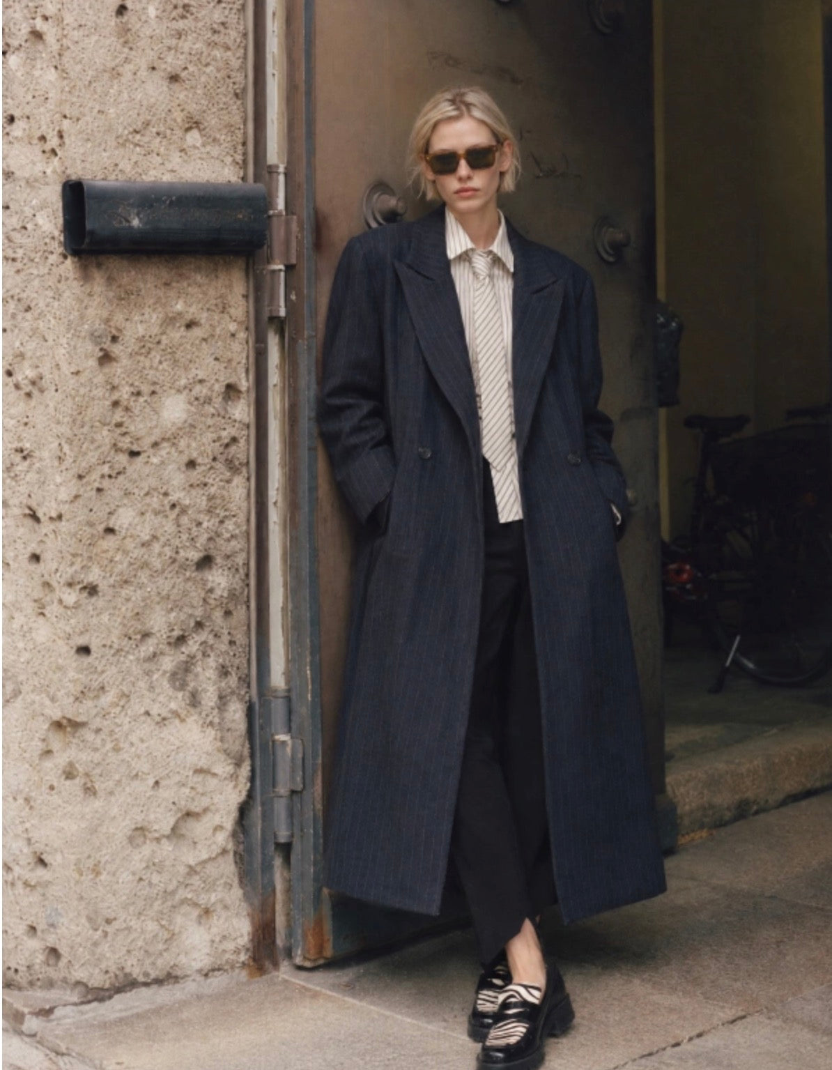 Raya navy blue pinstripe coat with tiger embroidery