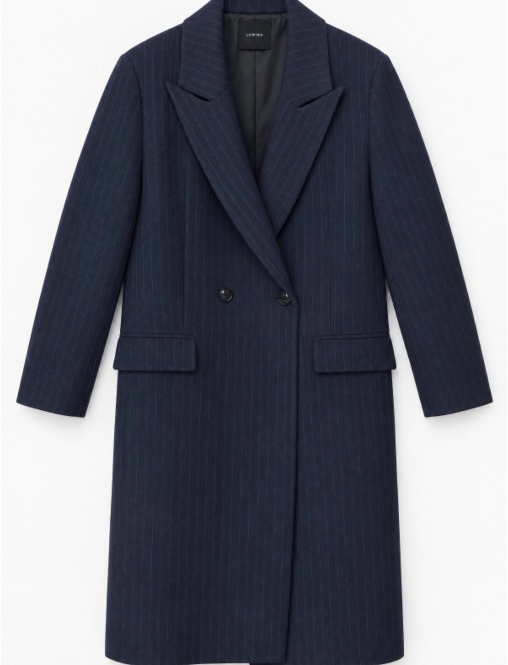 Raya navy blue pinstripe coat with tiger embroidery
