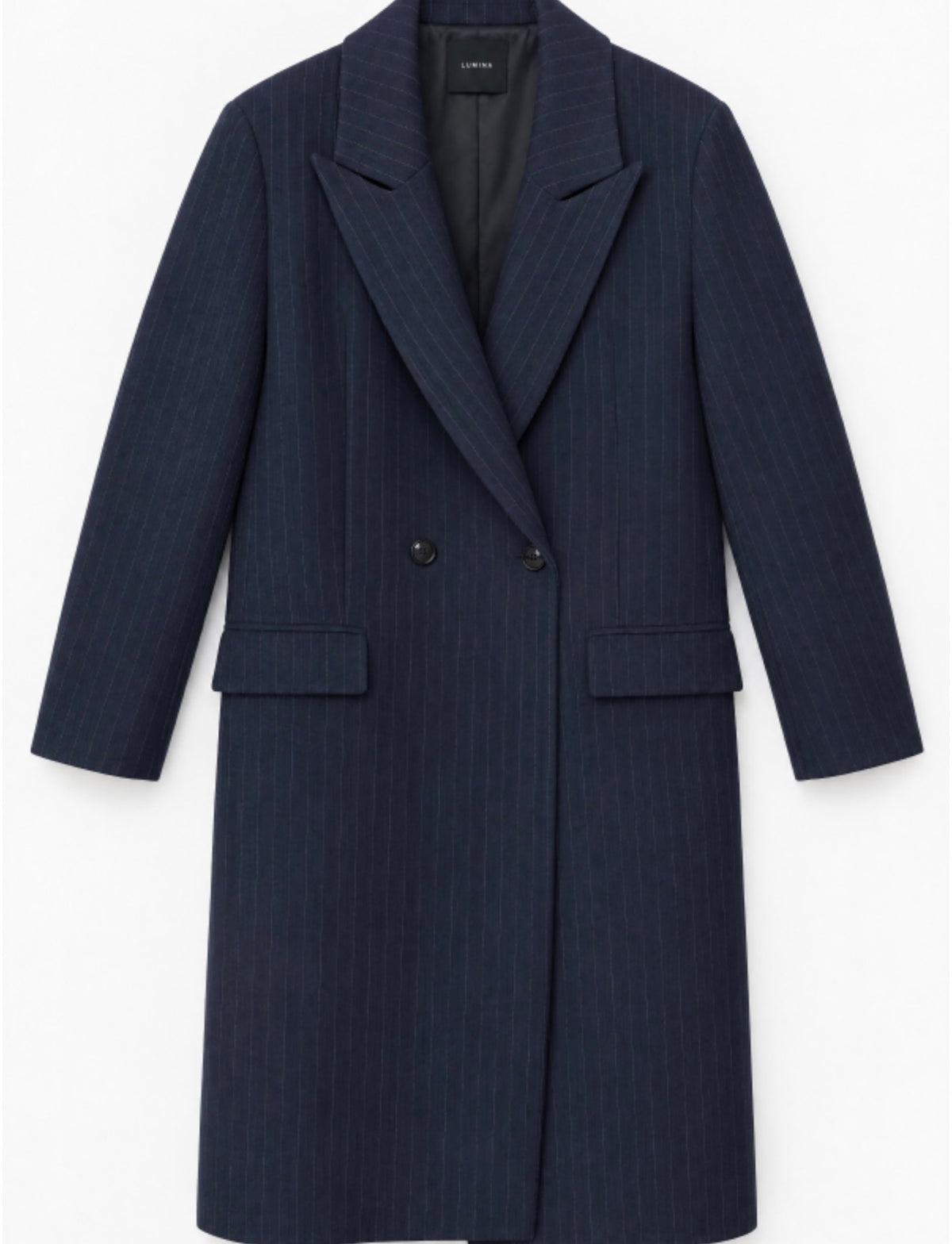 Raya navy blue pinstripe coat with tiger embroidery