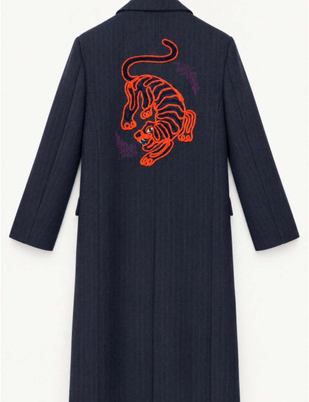Raya navy blue pinstripe coat with tiger embroidery