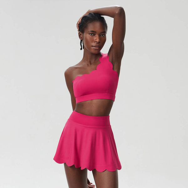 Women Seamless Tennis Set Quick-Dry Bra & Ruffle Hem Skirt: White / L