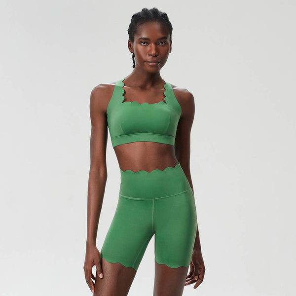 Women Yoga Set: Double Shoulder Bra + Fitness Sports Shorts: Dark Red / L