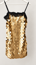 Aurelia gold sequin mini dress with black lace neckline