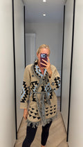 Beige patterned fringed belted cardigan