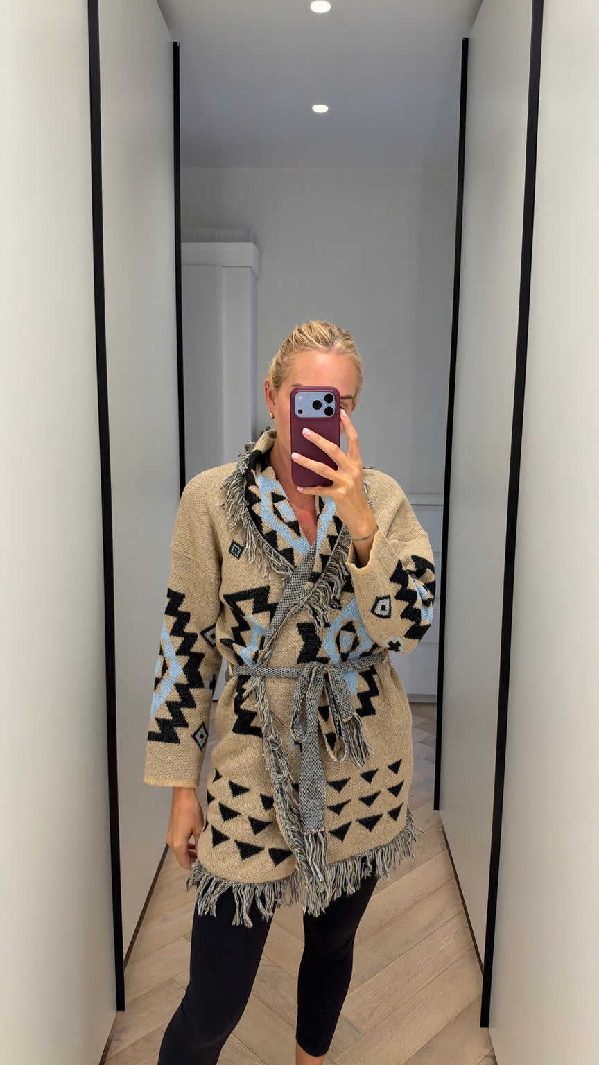 Beige patterned fringed belted cardigan