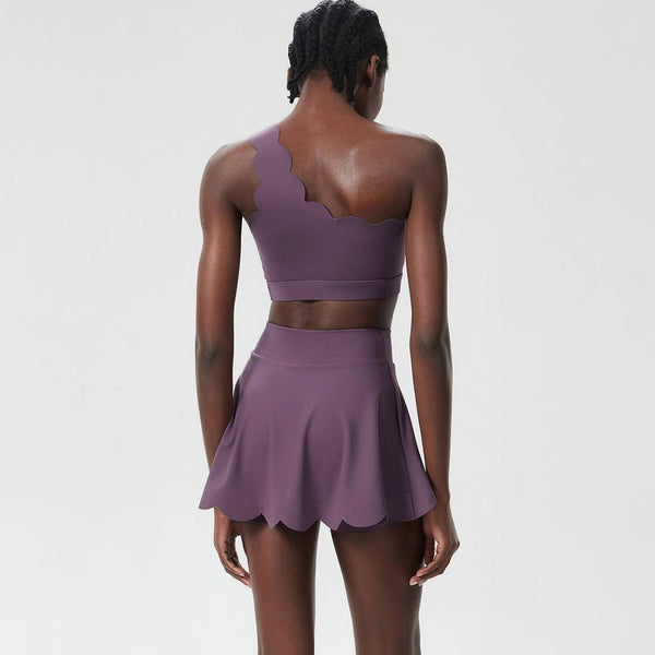 Women Seamless Tennis Set Quick-Dry Bra & Ruffle Hem Skirt: Purple Gray / S