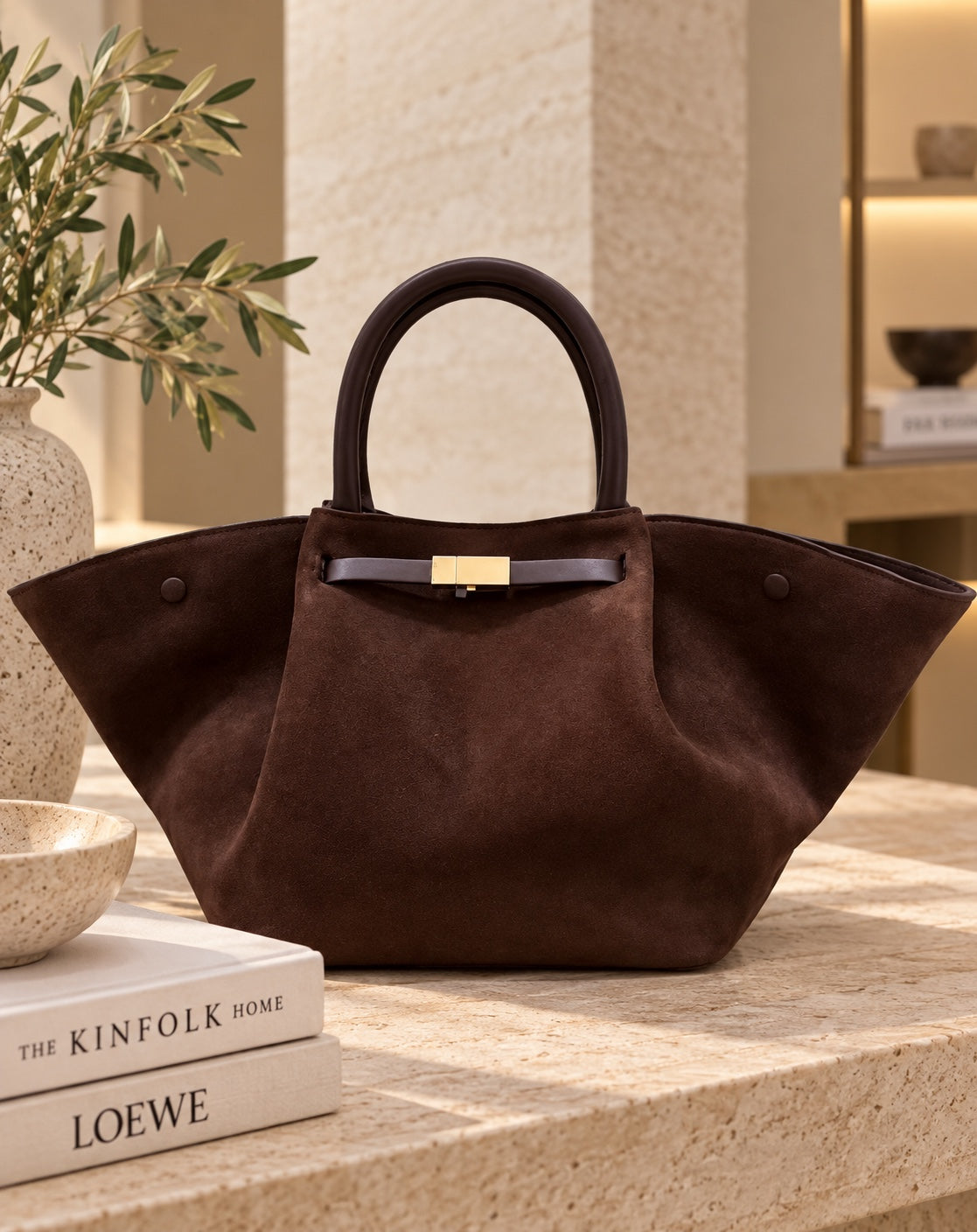 Chocolate brown suede tote bag