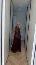 Burgundy faux leather and chiffon maxi dress front