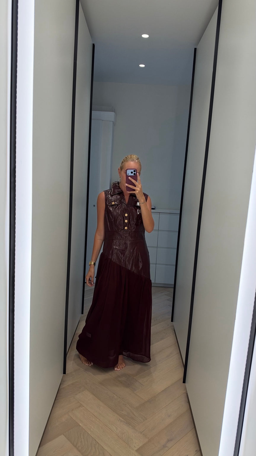 Burgundy faux leather and chiffon maxi dress front