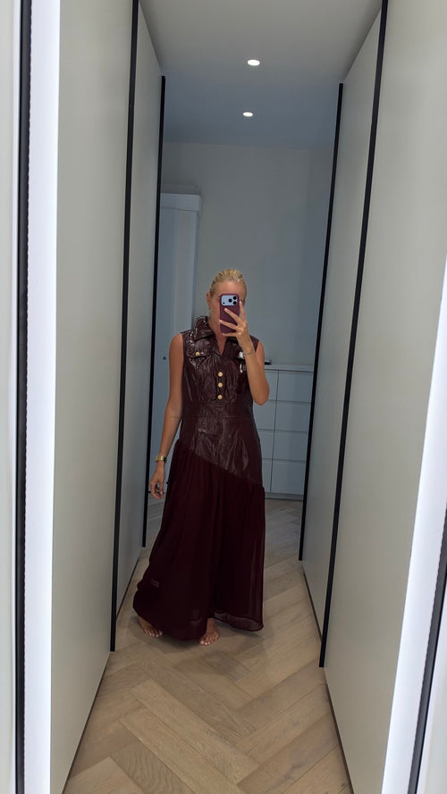 Burgundy faux leather and chiffon maxi dress front