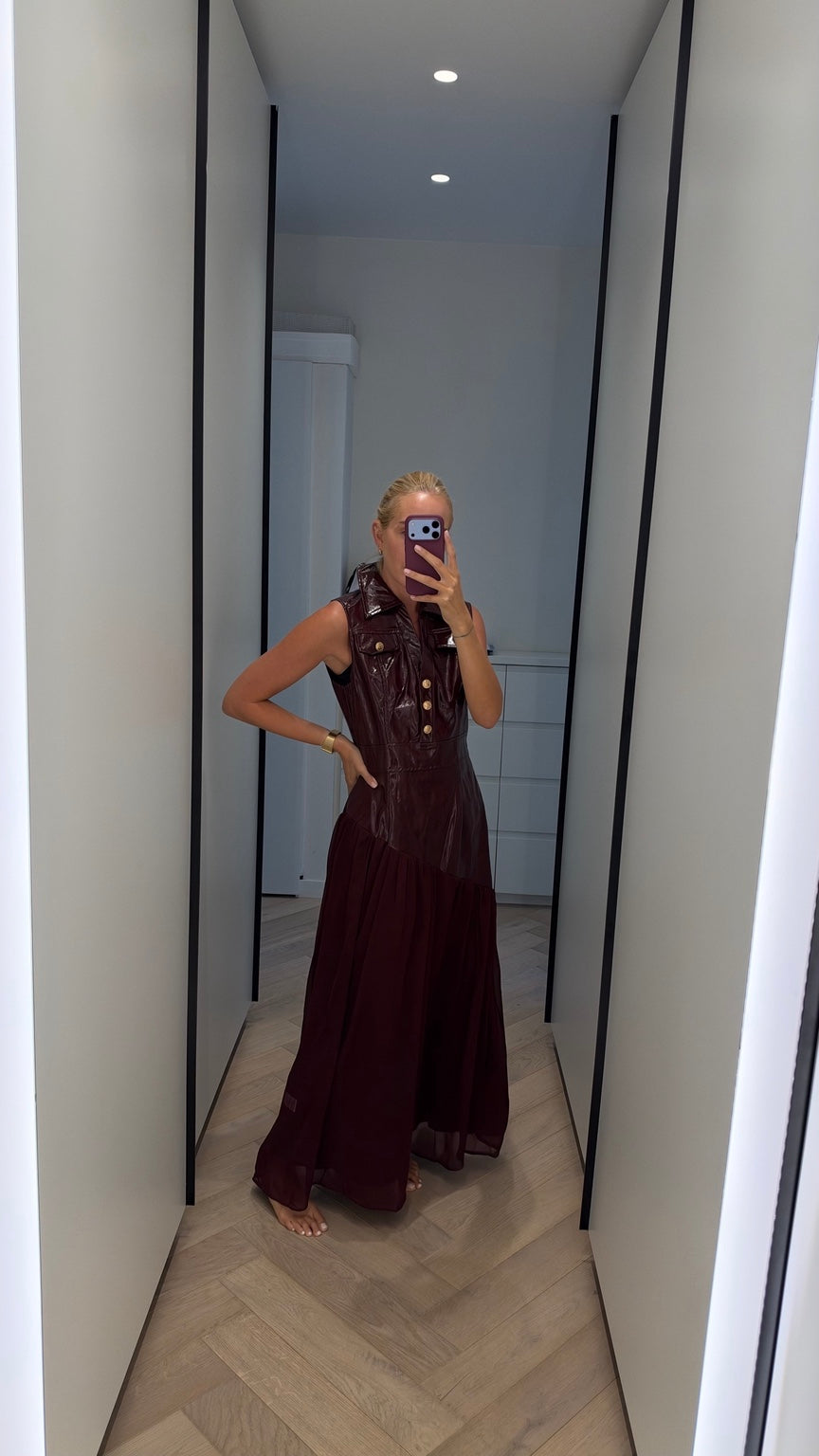 Burgundy faux leather and chiffon maxi dress