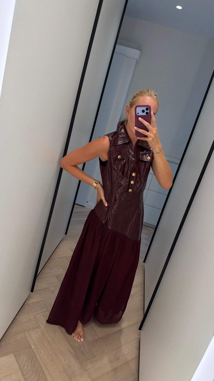 Burgundy faux leather and chiffon maxi dress detail