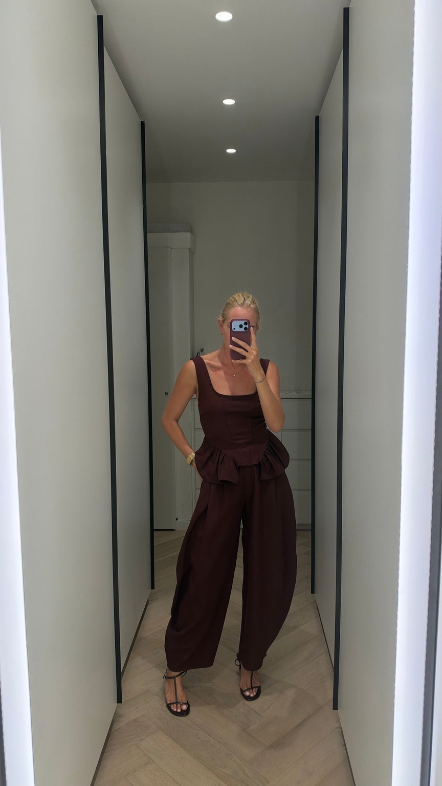 Burgundy peplum top and wide-leg trouser set