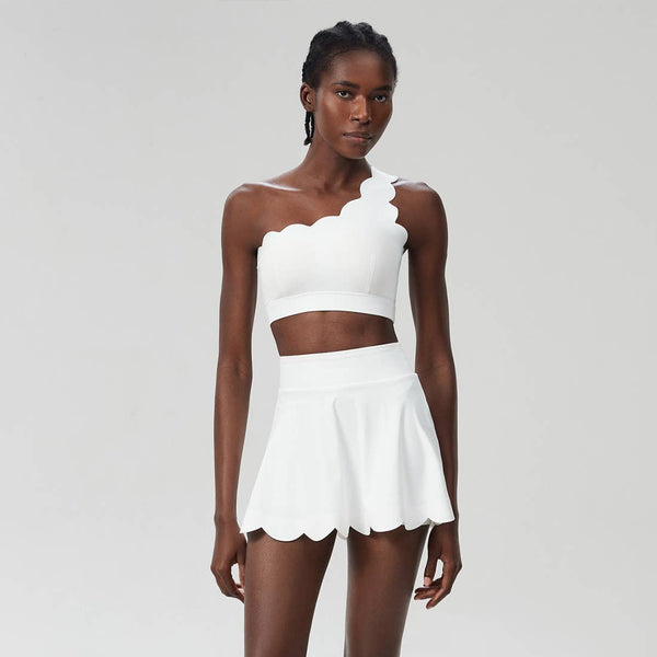 Women Seamless Tennis Set Quick-Dry Bra & Ruffle Hem Skirt: White / M