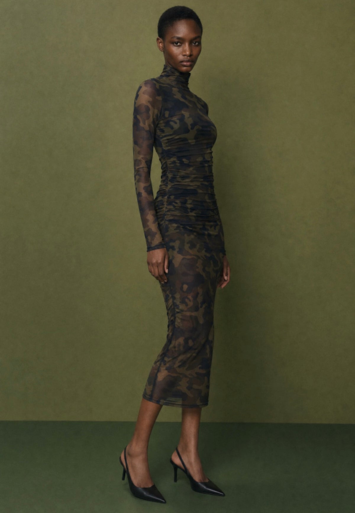 Camouflage mesh midi dress side