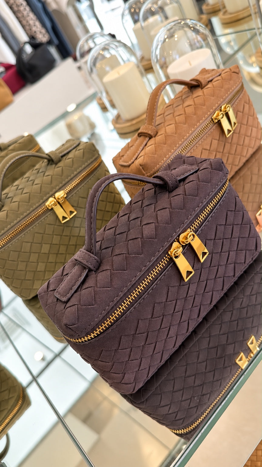 Cassia Woven Suede Bag in chocolate, olive and tan
