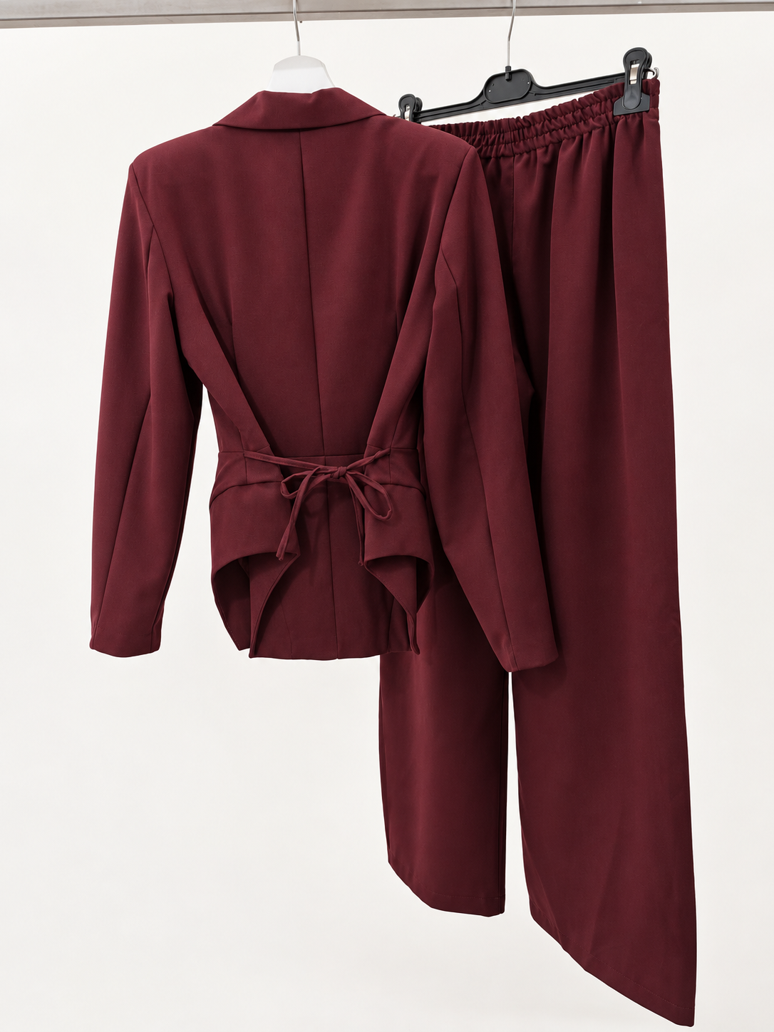 Celeste burgundy set with tie-back blazer, rear