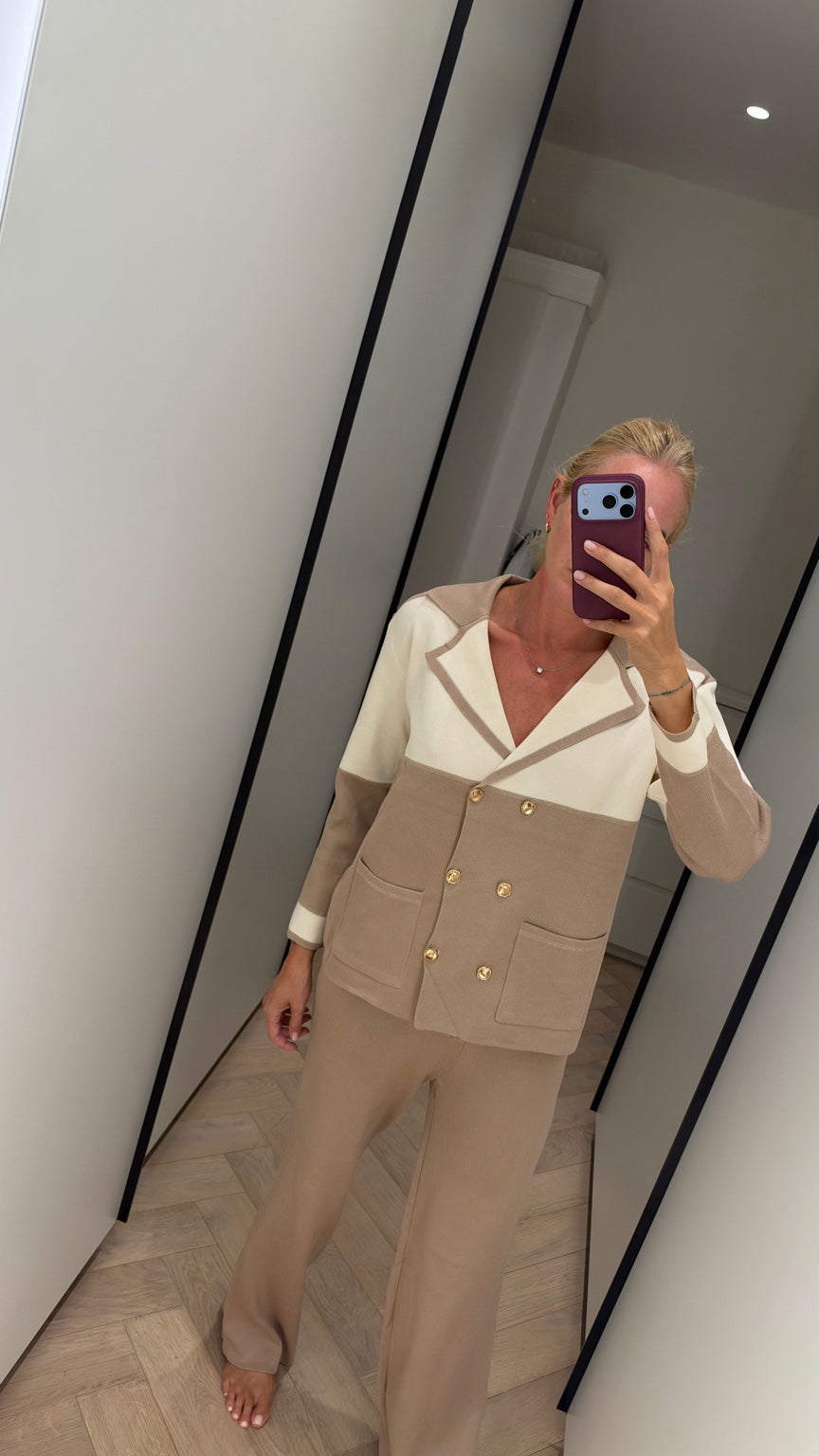 Cream and taupe knit jacket and trouser set detail