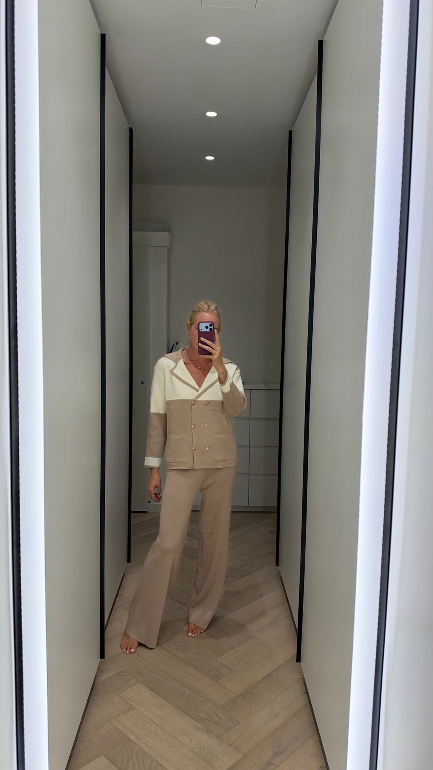 Cream and taupe knit trouser set full look