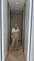 Cream and taupe knit trouser set full look