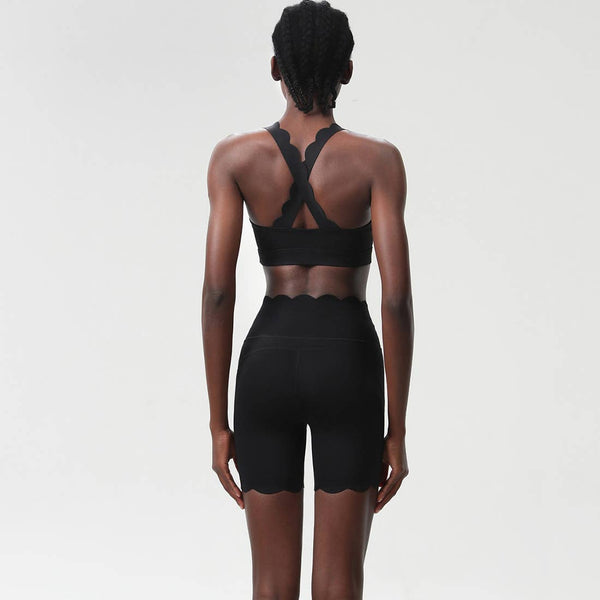 Women Yoga Set: Double Shoulder Bra + Fitness Sports Shorts: Black / S