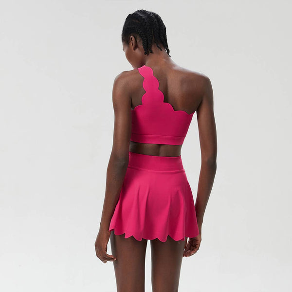 Women Seamless Tennis Set Quick-Dry Bra & Ruffle Hem Skirt: White / S