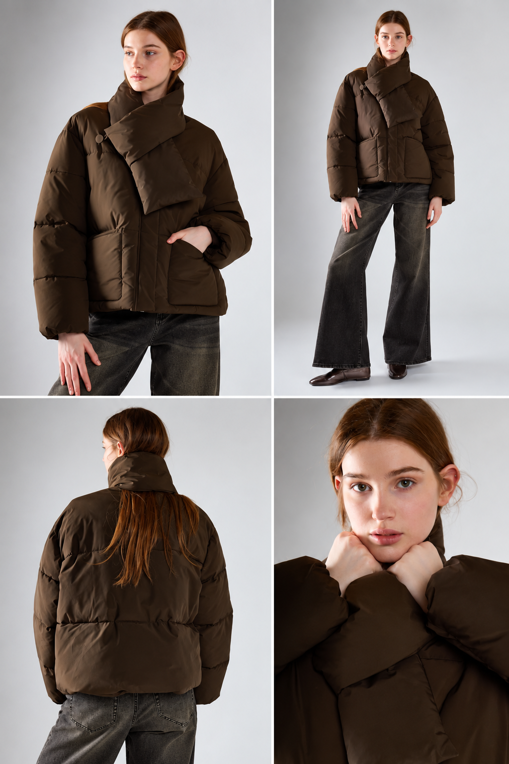 Khaki Scarf Detail Padded Jacket