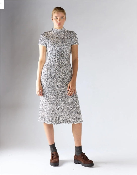 Silver sequin midi dress, front view