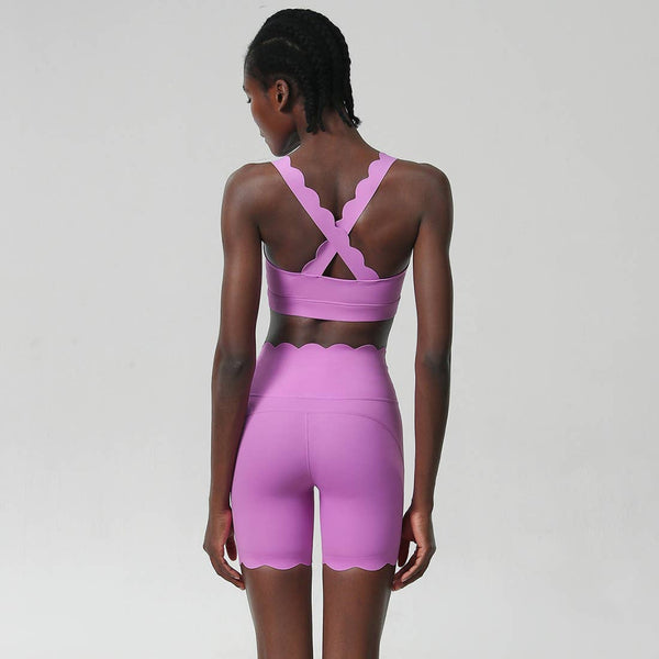 Women Yoga Set: Double Shoulder Bra + Fitness Sports Shorts: Dark Red / S